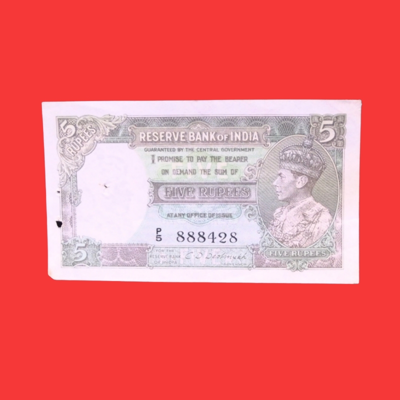 Indian ₹5 Old Bank Note – P Series, Serial Number 888428 | Vintage Currency Collectible