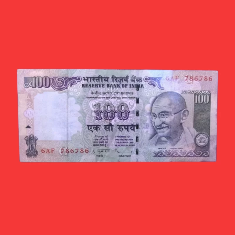Indian ₹100 Fancy Currency Note – Serial Number 6AF 786786 | Rare 786786 Repeating Number Banknote